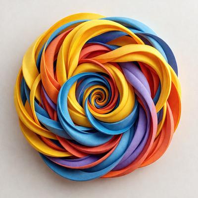 The primary subject of the image is a colorful, swirling, and spiral-shaped paper sculpture. The sculpture is made of various colored paper, including yellow, blue, purple, and orange. The setting is a white background, which provides a clean and uncluttered environment for the artwork. The visual style of the image is a combination of digital art and illustration, showcasing the intricate details and vibrant colors of the paper sculpture. The overall atmosphere of the image is lively and creative, with the spiral-shaped paper artwork serving as the focal point.